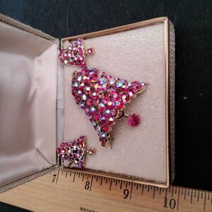 Vintage Dodds Bell Brooch & Screwback Earrings Red/Pink Aurora Borealis Crystals